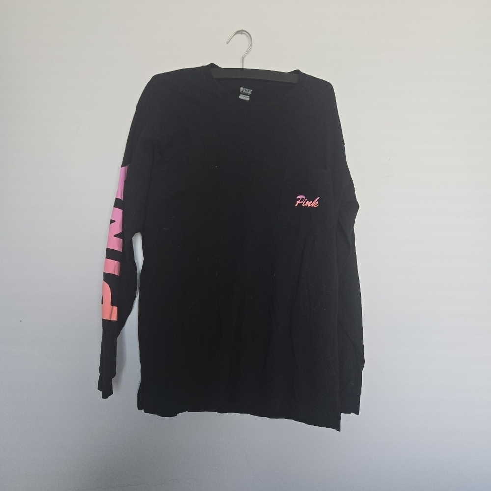 PINK Black Long Sleeve Shirt with Pink Logo